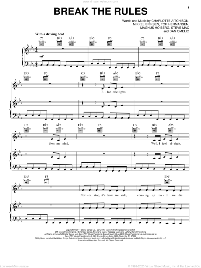 Break The Rules sheet music for voice, piano or guitar by Charli XCX, Charlotte Aitchison, Dan Omelio, Magnus Hoiberg, Mikkel Eriksen, Steve Mac and Tor Erik Hermansen, intermediate skill level