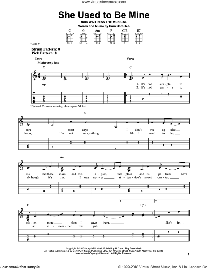 She Used To Be Mine (from Waitress The Musical) sheet music for guitar solo (easy tablature) by Sara Bareilles, easy guitar (easy tablature)