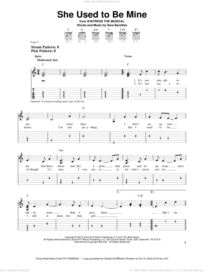 She Used To Be Mine (from Waitress The Musical) sheet music for guitar solo (easy tablature) by Sara Bareilles, easy guitar (easy tablature)