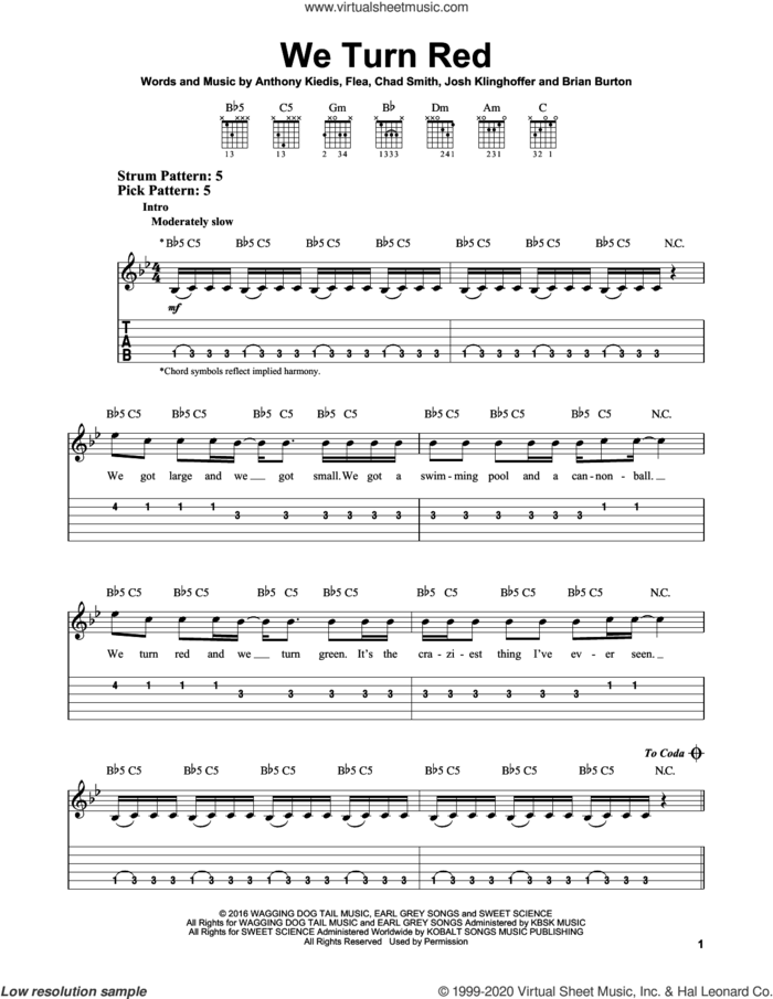 We Turn Red sheet music for guitar solo (easy tablature) by Red Hot Chili Peppers, Anthony Kiedis, Brian Burton, Chad Smith, Flea and Josh Klinghoffer, easy guitar (easy tablature)