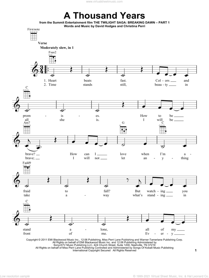 A Thousand Years sheet music for ukulele by Christina Perri and David Hodges, wedding score, intermediate skill level