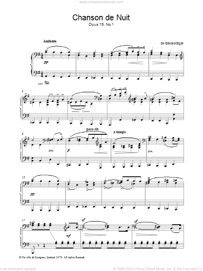 Chanson De Nuit Op.15, No.1, (intermediate) sheet music for piano solo by Edward Elgar, classical score, intermediate skill level