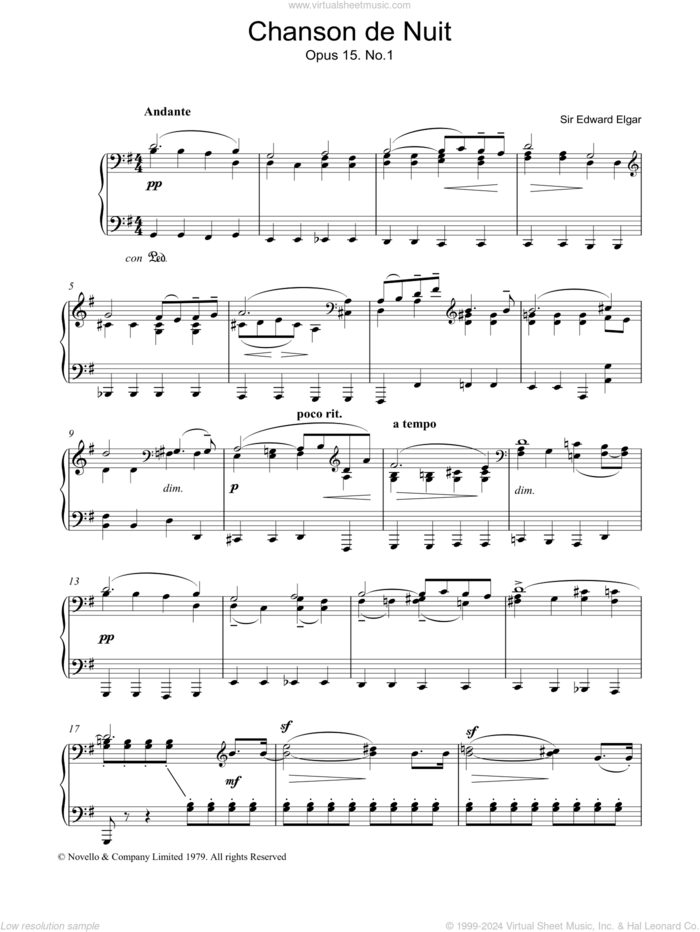 Chanson De Nuit Op.15, No.1, (intermediate) sheet music for piano solo by Edward Elgar, classical score, intermediate skill level