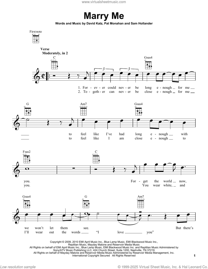 Marry Me sheet music for ukulele by Train, David Katz, Pat Monahan and Sam Hollander, wedding score, intermediate skill level