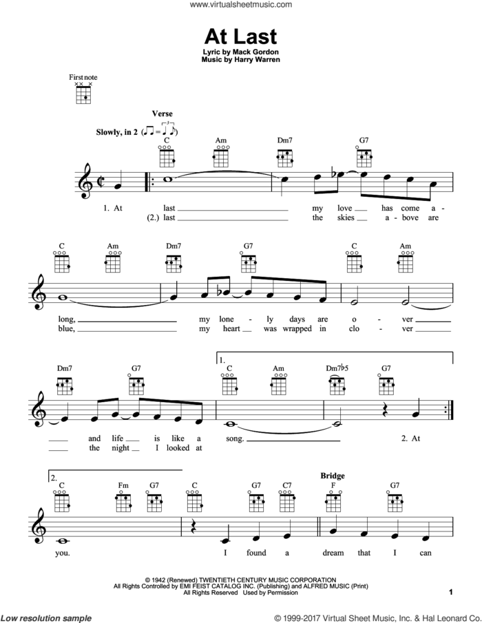 At Last sheet music for ukulele by Celine Dion, Etta James, Harry Warren and Mack Gordon, wedding score, intermediate skill level