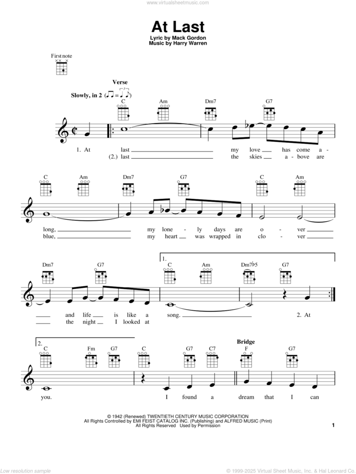 At Last (from The Daily Ukulele) sheet music for ukulele by Celine Dion, Etta James, Harry Warren and Mack Gordon, wedding score, intermediate skill level