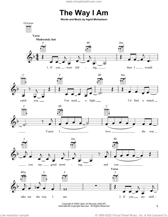 The Way I Am sheet music for ukulele by Ingrid Michaelson, wedding score, intermediate skill level