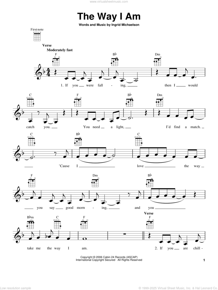 The Way I Am sheet music for ukulele by Ingrid Michaelson, wedding score, intermediate skill level