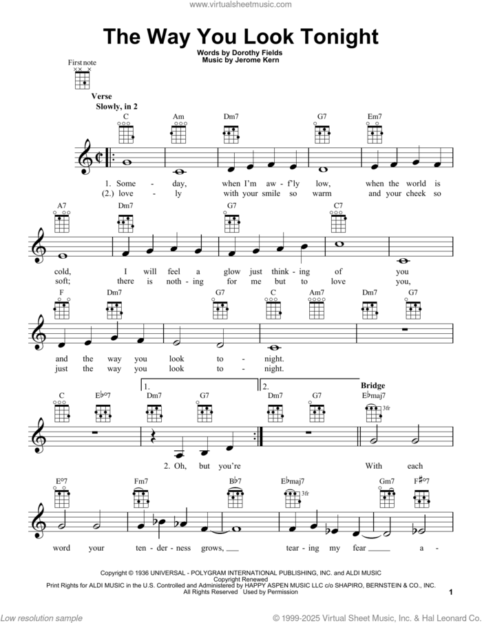 The Way You Look Tonight sheet music for ukulele by Jerome Kern and Dorothy Fields, wedding score, intermediate skill level