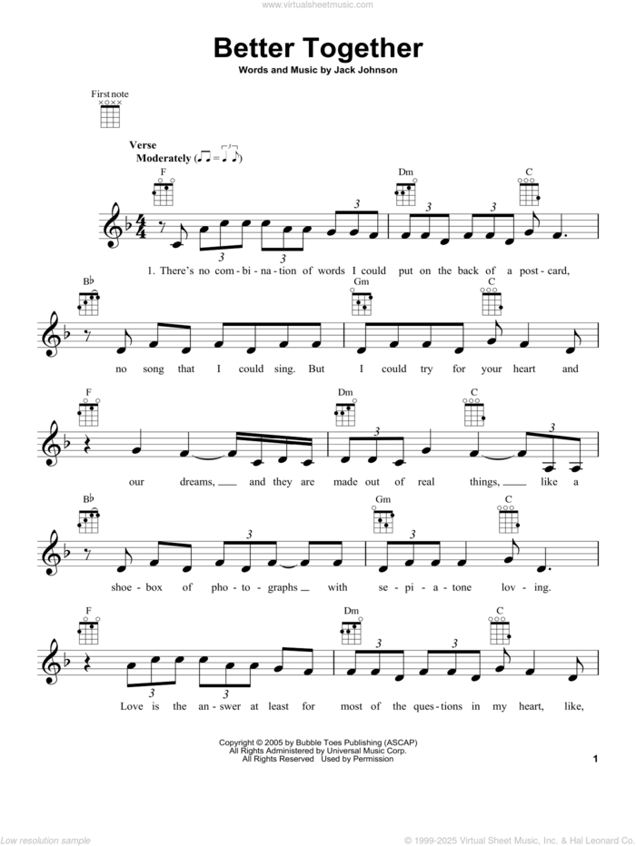 Better Together sheet music for ukulele by Jack Johnson, wedding score, intermediate skill level