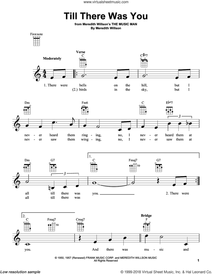 Till There Was You sheet music for ukulele by The Beatles and Meredith Willson, wedding score, intermediate skill level