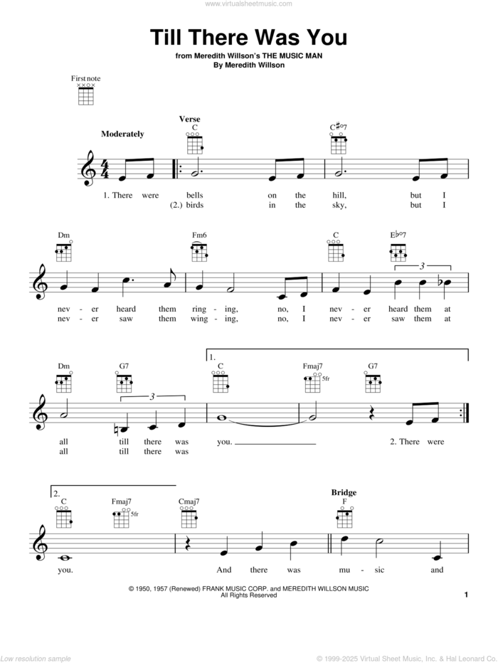 Till There Was You sheet music for ukulele by The Beatles and Meredith Willson, wedding score, intermediate skill level