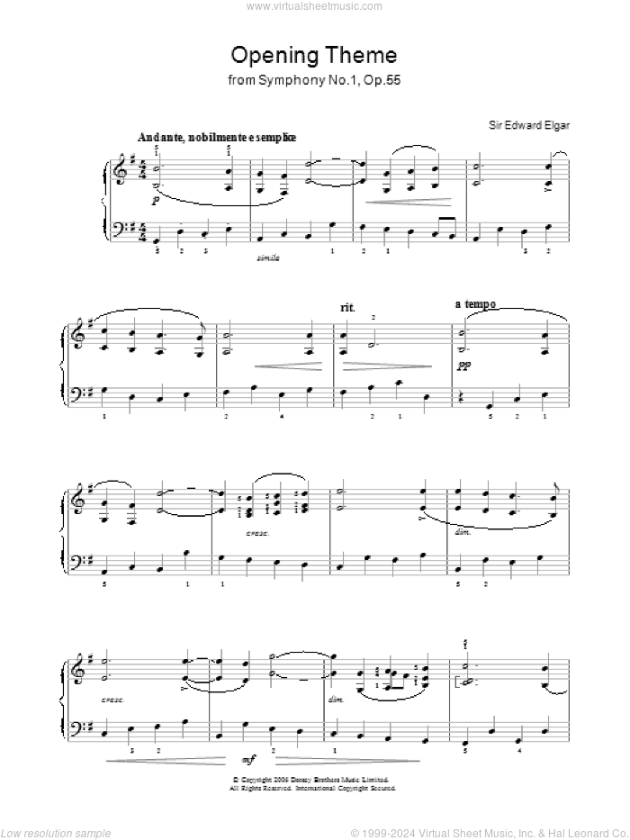 Opening Theme from Symphony No.1, Op.55 sheet music for voice, piano or guitar by Edward Elgar, classical score, intermediate skill level