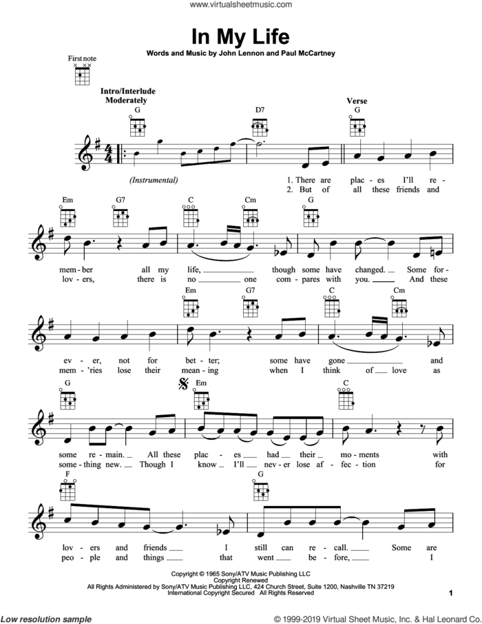 In My Life sheet music for ukulele by The Beatles, John Lennon and Paul McCartney, wedding score, intermediate skill level