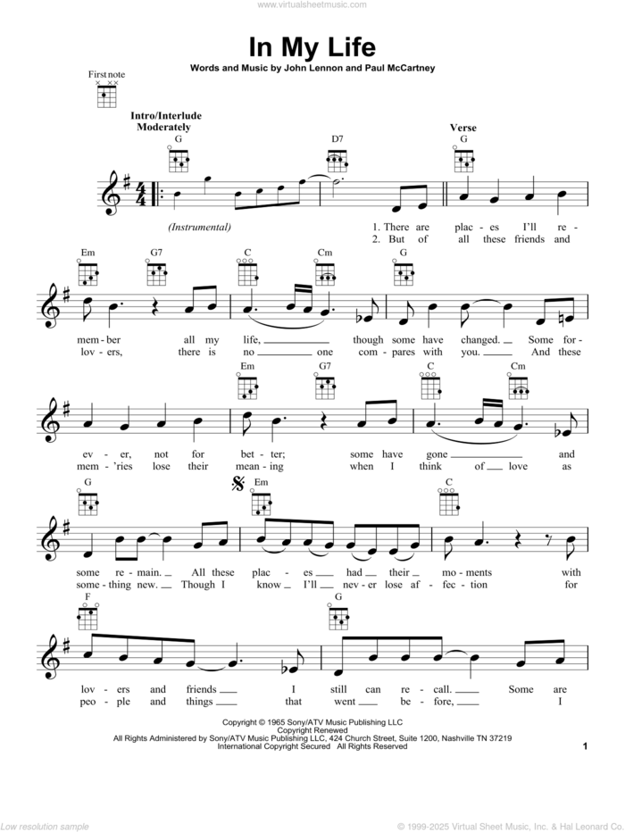 In My Life sheet music for ukulele by The Beatles, John Lennon and Paul McCartney, wedding score, intermediate skill level