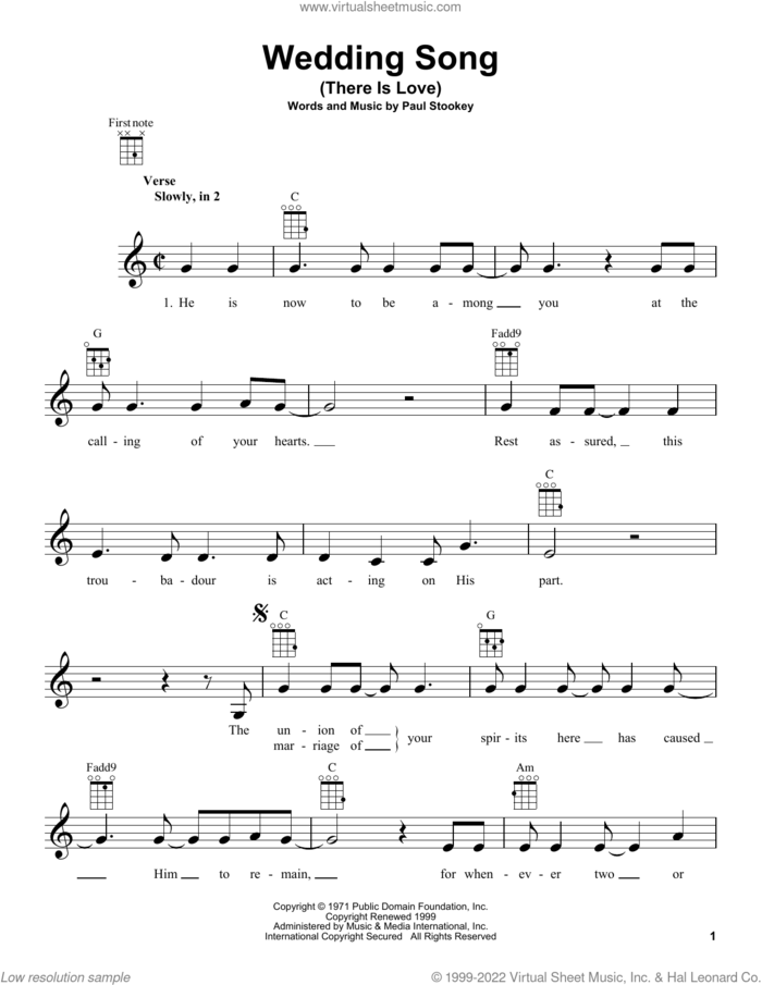 Wedding Song (There Is Love) sheet music for ukulele by Peter, Paul & Mary, Petula Clark and Paul Stookey, wedding score, intermediate skill level