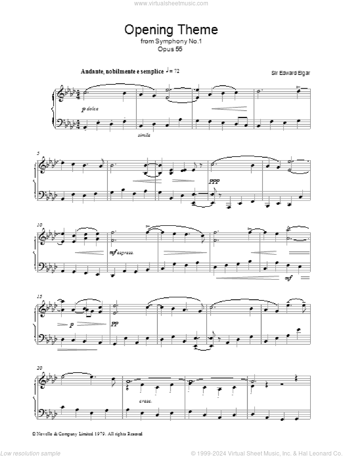 Opening Theme from Symphony No.1, Op.55 sheet music for piano solo by Edward Elgar, classical score, intermediate skill level