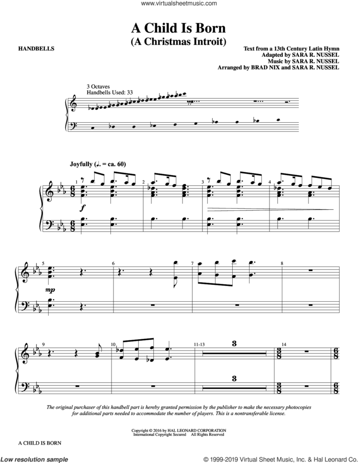 A Child Is Born sheet music for orchestra/band (handbells) by Brad Nix, 13th Century Latin Text, Sara R. Nussel and Sara R. Nussel (adapt.), intermediate skill level