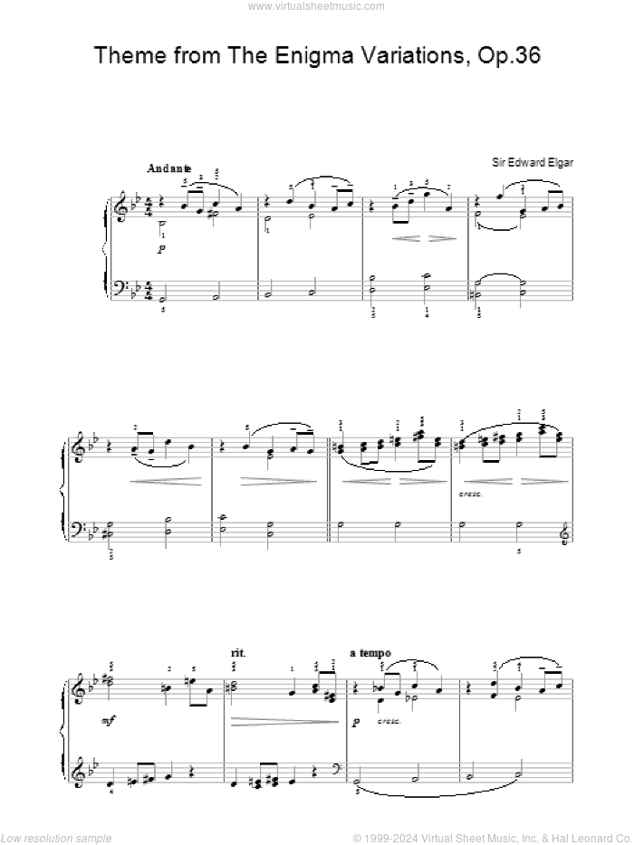 Theme from The Enigma Variations, Op.36 sheet music for voice, piano or guitar by Edward Elgar, classical score, intermediate skill level