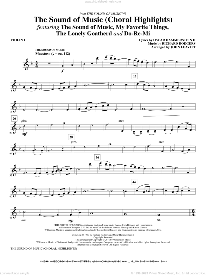 The Sound Of Music (Choral Highlights) (arr. John Leavitt) sheet music for orchestra/band (violin 1) by Rodgers & Hammerstein, John Leavitt, Oscar II Hammerstein and Richard Rodgers, intermediate skill level