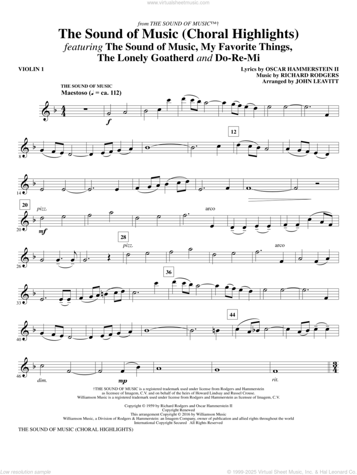 The Sound Of Music (Choral Highlights) (arr. John Leavitt) sheet music for orchestra/band (violin 1) by Rodgers & Hammerstein, John Leavitt, Oscar II Hammerstein and Richard Rodgers, intermediate skill level