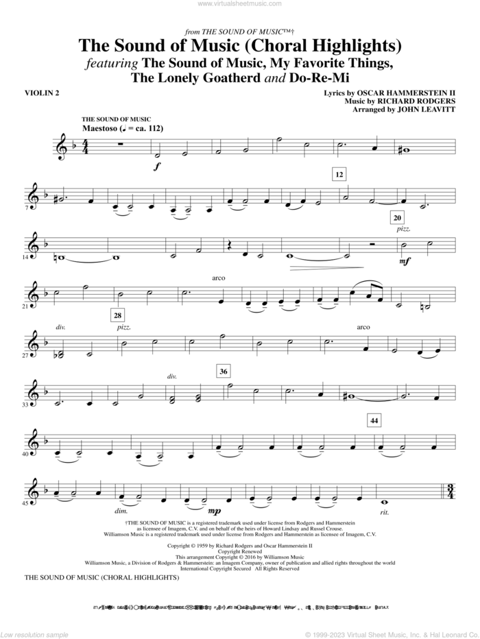 The Sound Of Music (Choral Highlights) (arr. John Leavitt) sheet music for orchestra/band (violin 2) by Rodgers & Hammerstein, John Leavitt, Oscar II Hammerstein and Richard Rodgers, intermediate skill level