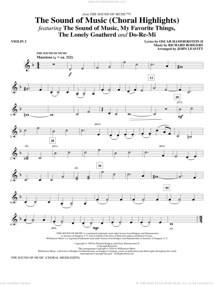 The Sound Of Music (Choral Highlights) (arr. John Leavitt) sheet music for orchestra/band (violin 2) by Rodgers & Hammerstein, John Leavitt, Oscar II Hammerstein and Richard Rodgers, intermediate skill level