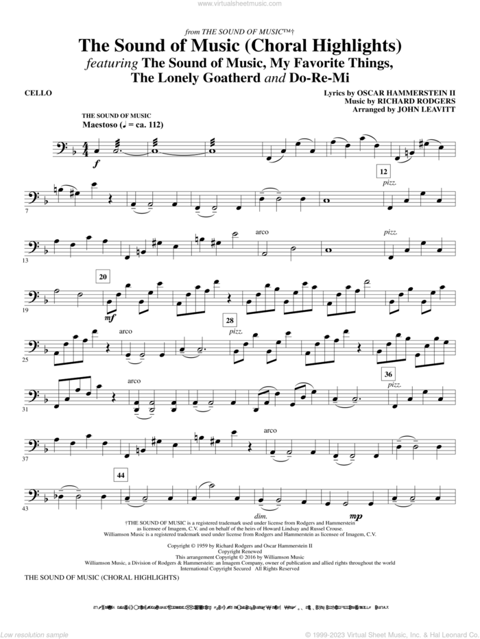 The Sound Of Music (Choral Highlights) (arr. John Leavitt) sheet music for orchestra/band (cello) by Rodgers & Hammerstein, John Leavitt, Oscar II Hammerstein and Richard Rodgers, intermediate skill level