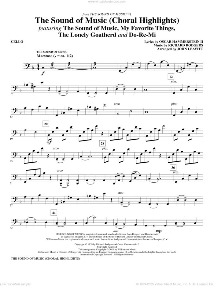 The Sound Of Music (Choral Highlights) (arr. John Leavitt) sheet music for orchestra/band (cello) by Rodgers & Hammerstein, John Leavitt, Oscar II Hammerstein and Richard Rodgers, intermediate skill level