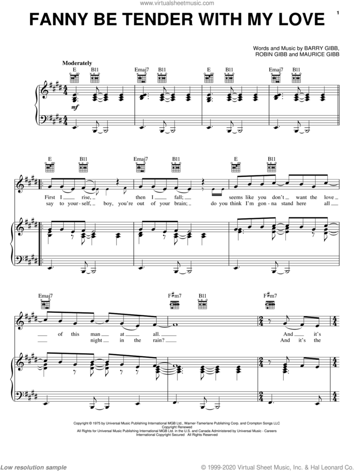 Fanny Be Tender With My Love sheet music for voice, piano or guitar by Bee Gees, Barry Gibb, Maurice Gibb and Robin Gibb, intermediate skill level