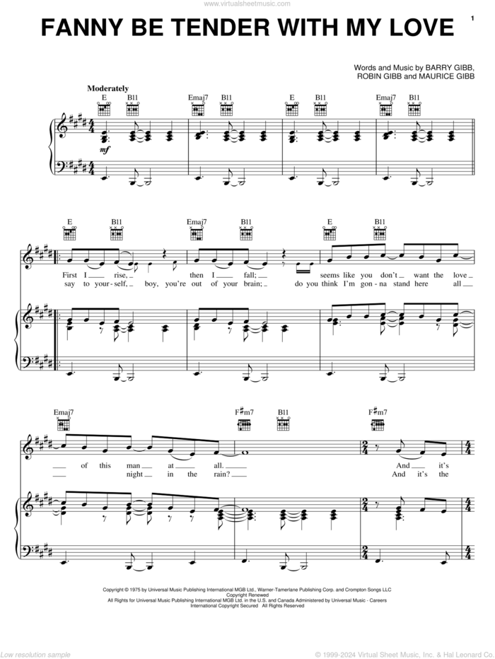 Fanny Be Tender With My Love sheet music for voice, piano or guitar by Bee Gees, Barry Gibb, Maurice Gibb and Robin Gibb, intermediate skill level