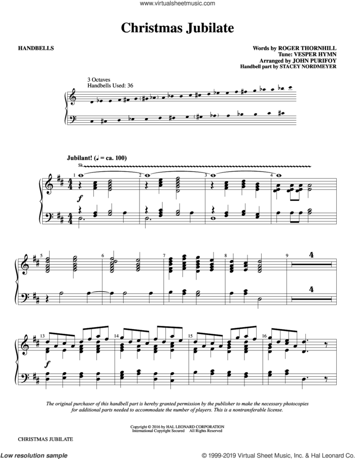 Christmas Jubilate sheet music for orchestra/band (handbells) by Roger Thornhill, John Purifoy, Tune: VESPER HYMN and Vesper Hymn, intermediate skill level