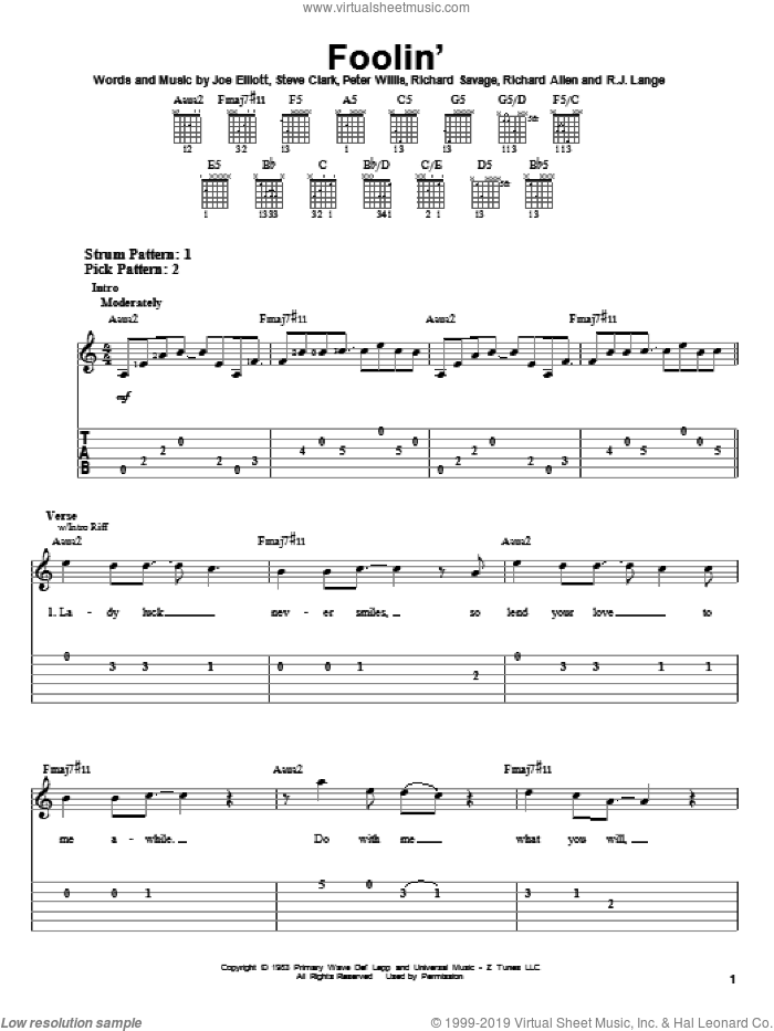 Foolin' sheet music for guitar solo (easy tablature) by Def Leppard, Joe Elliott, Peter Willis, Richard Allen, Richard Savage, Robert John Lange and Steve Clark, easy guitar (easy tablature)