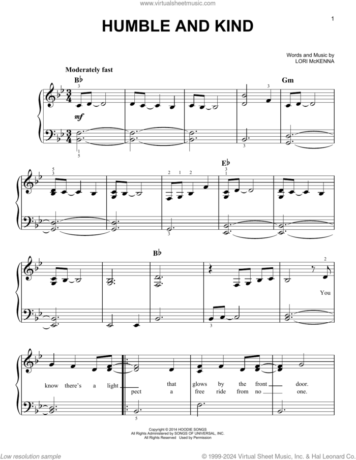 Humble And Kind sheet music for piano solo by Tim McGraw and Lori McKenna, easy skill level