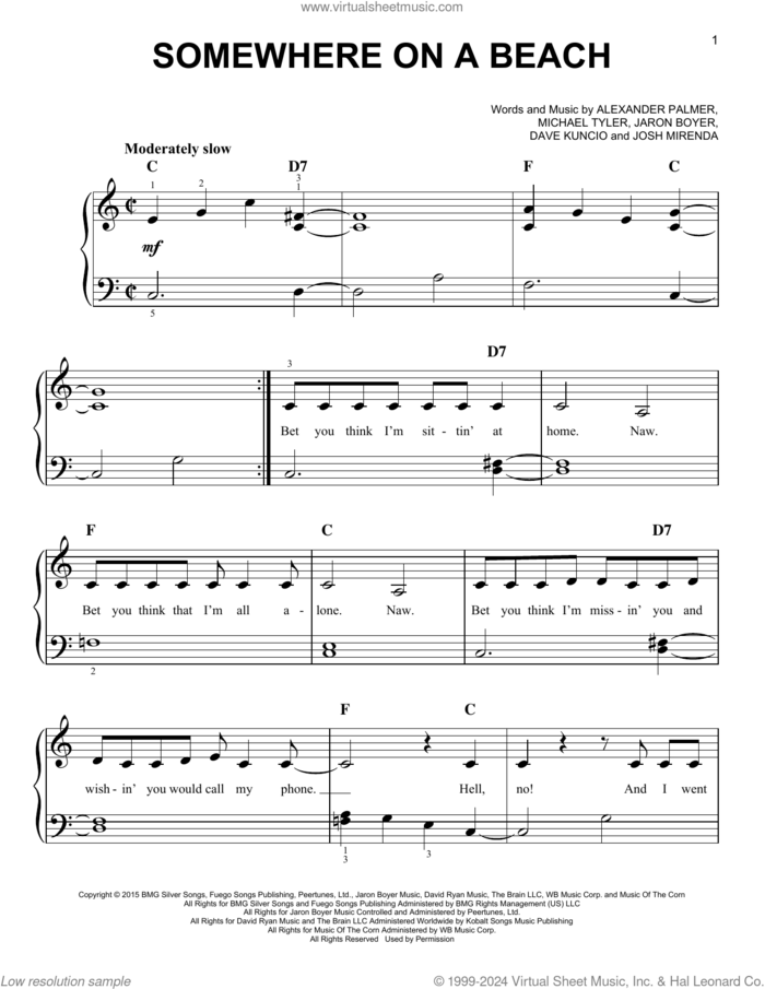 Somewhere On A Beach sheet music for piano solo by Dierks Bentley, Alexander Palmer, Dave Kuncio, Jaron Boyer, Josh Mirenda and Michael Tyler, easy skill level