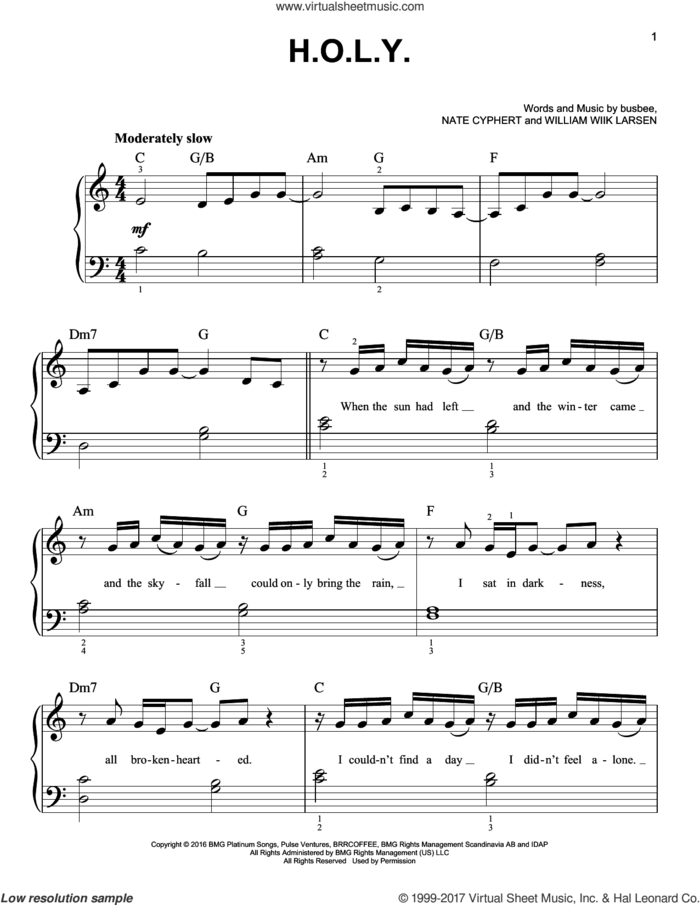 H.O.L.Y., (easy) sheet music for piano solo by Florida Georgia Line, busbee, Nate Cyphert and William Wiik Larsen, easy skill level