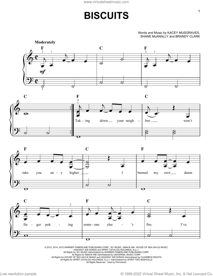Biscuits, (easy) sheet music for piano solo by Kacey Musgraves, Brandy Clark and Shane McAnally, easy skill level