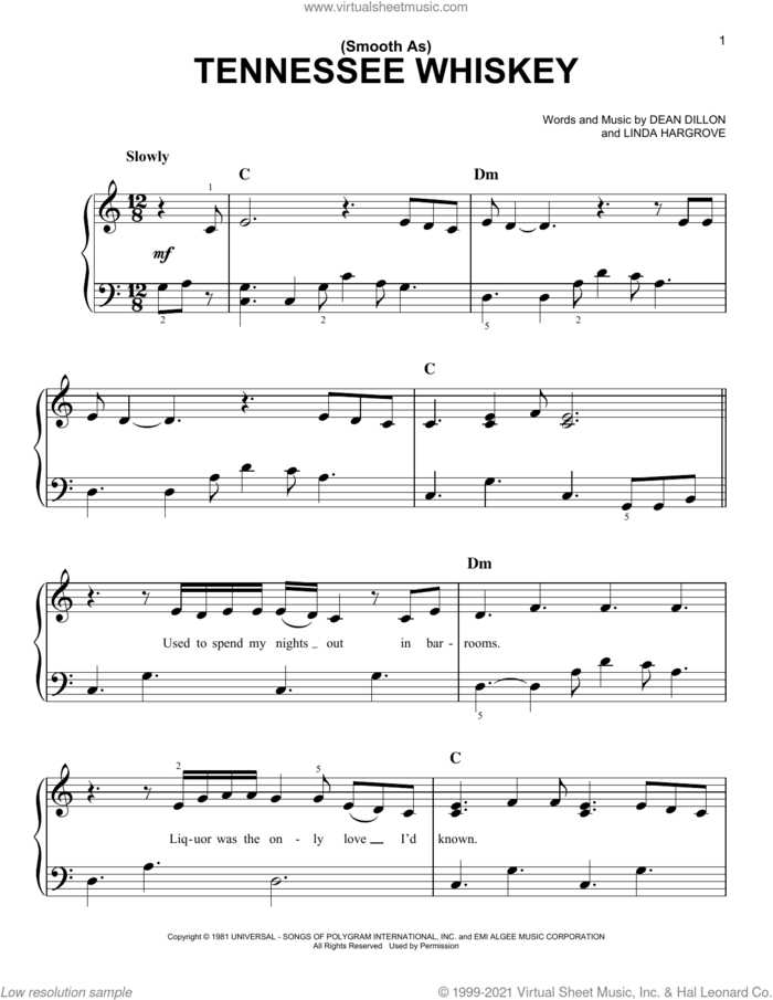 (Smooth As) Tennessee Whiskey sheet music for piano solo by Chris Stapleton, George Jones, Dean Dillon and Linda Hargrove, easy skill level