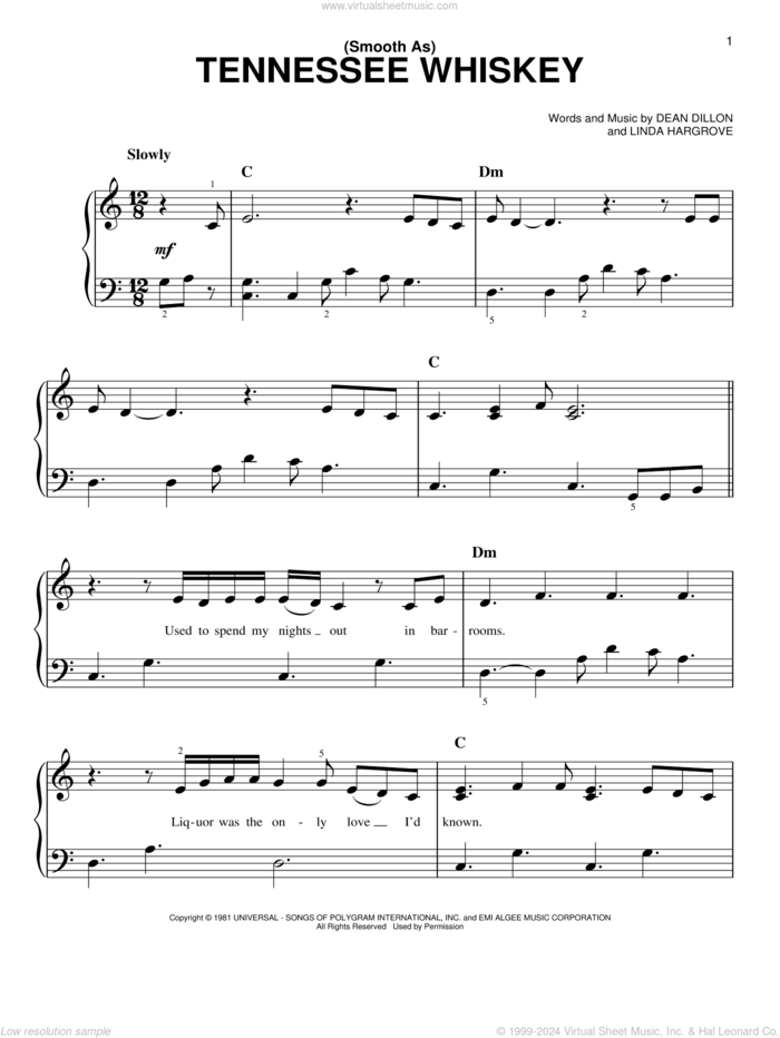 (Smooth As) Tennessee Whiskey sheet music for piano solo by Chris Stapleton, George Jones, Dean Dillon and Linda Hargrove, easy skill level