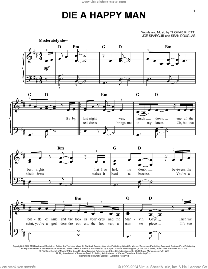 Die A Happy Man sheet music for piano solo by Thomas Rhett, Joe Spargur and Sean Douglas, easy skill level