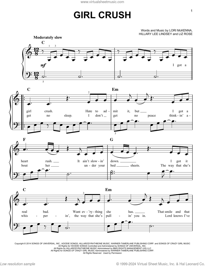 Girl Crush sheet music for piano solo by Little Big Town, Hillary Lee Lindsey, Liz Rose and Lori McKenna, easy skill level