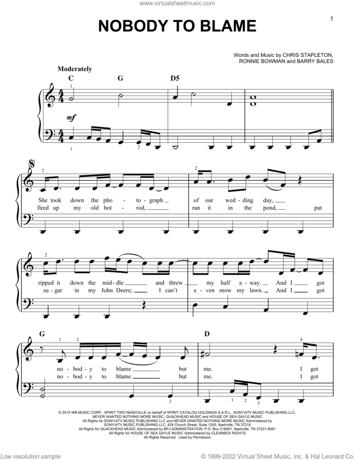 Nobody To Blame sheet music for piano solo by Chris Stapleton, Barry Bales and Ronnie Bowman, easy skill level