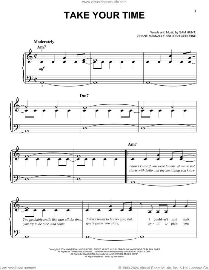 Take Your Time sheet music for piano solo by Sam Hunt, Josh Osborne and Shane McAnally, easy skill level