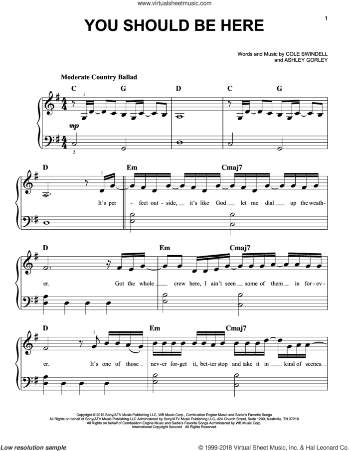 You Should Be Here sheet music for piano solo by Cole Swindell and Ashley Gorley, easy skill level