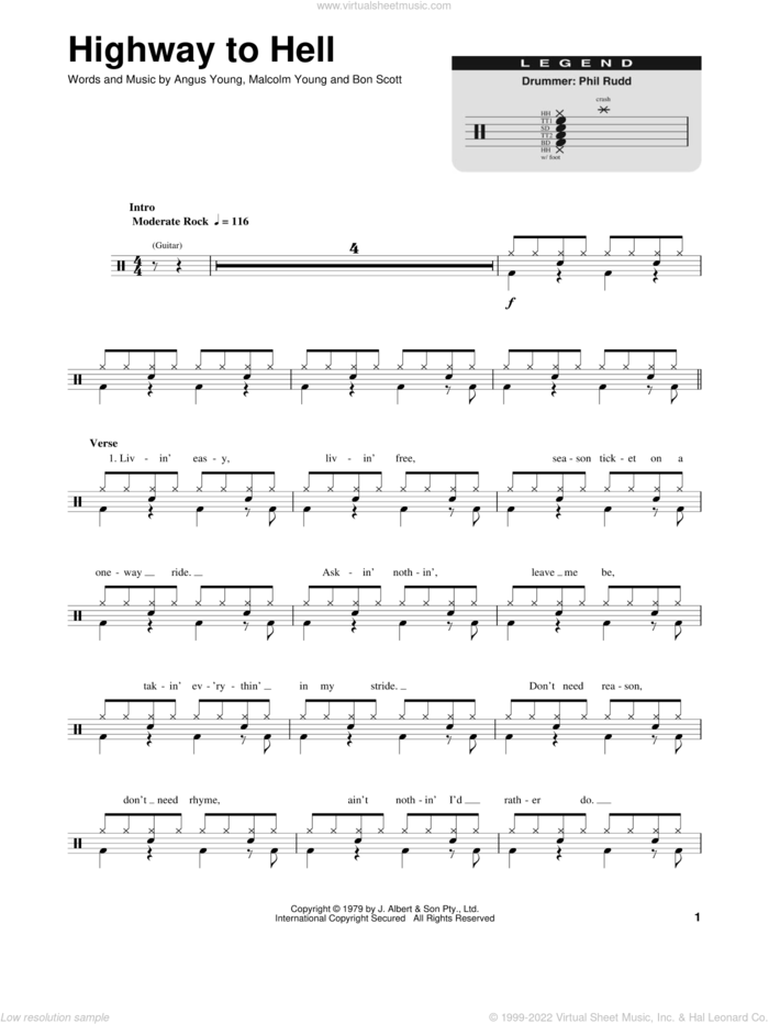 Highway To Hell sheet music for drums by AC/DC, Angus Young, Bon Scott and Malcolm Young, intermediate skill level