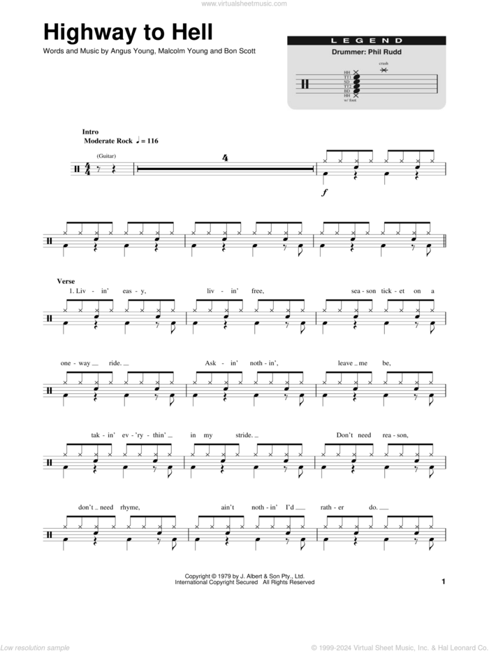 Highway To Hell sheet music for drums by AC/DC, Angus Young, Bon Scott and Malcolm Young, intermediate skill level