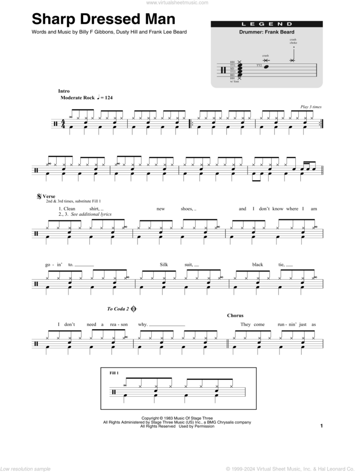 Sharp Dressed Man sheet music for drums by ZZ Top, Billy Gibbons, Dusty Hill and Frank Beard, intermediate skill level