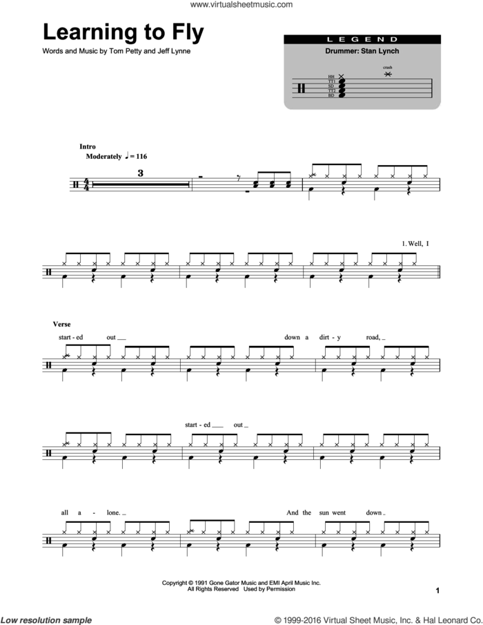 Learning To Fly sheet music for drums by Tom Petty and Jeff Lynne, intermediate skill level