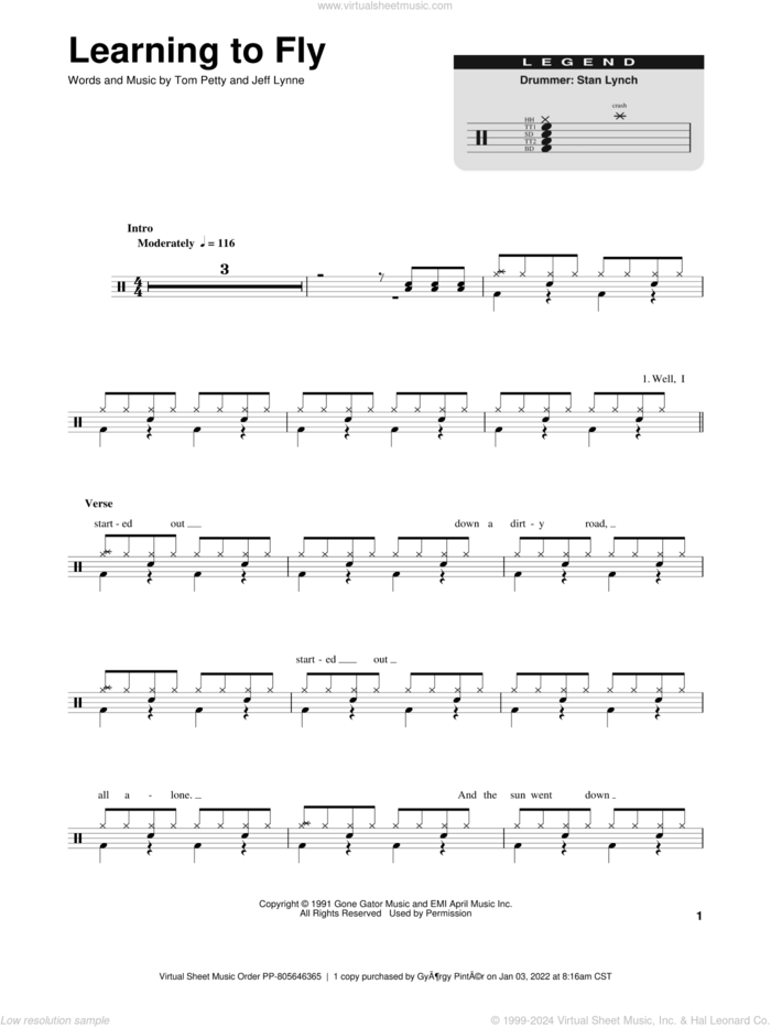 Learning To Fly sheet music for drums by Tom Petty and Jeff Lynne, intermediate skill level