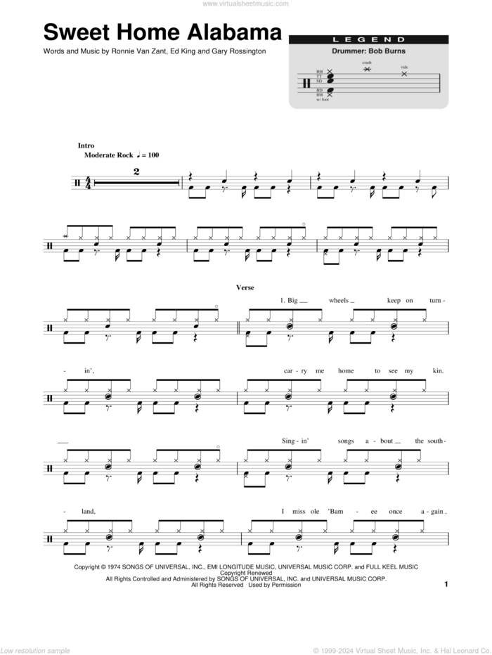 Sweet Home Alabama sheet music for drums by Lynyrd Skynyrd, Alabama, Edward King, Gary Rossington and Ronnie Van Zant, intermediate skill level